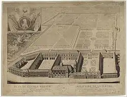 Plan en perspective de l'École royale militaire (au premier plan) et des terrains (au second plan).