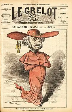 Dessin de presse représentant un homme moustachu portant un galero et une robe rouge de cardinal .