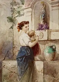 Jeune femme et enfant devant un mur, aquarelle, Baltimore, Walters Art Museum.