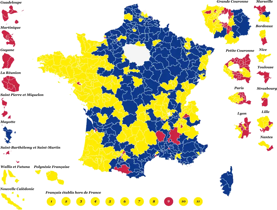 Candidats arrivés en tête dans chaque circonscription législative au 1er&nbsp;tour.