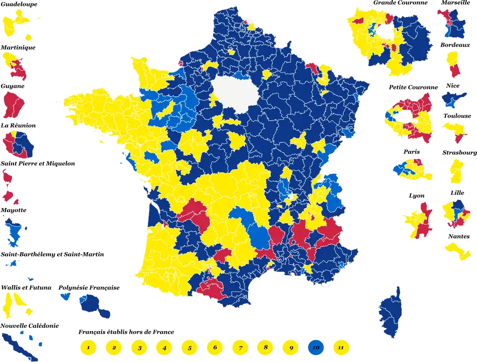Candidats arrivés en tête dans chaque circonscription législative au 1er&nbsp;tour.