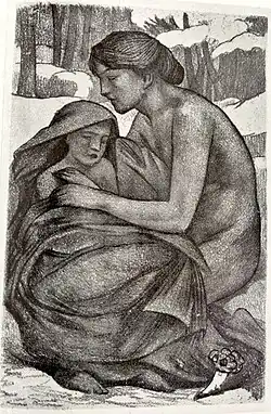 Gravure montrant une femme, tenant un enfant emmitouflé, dans un décor hivernal.