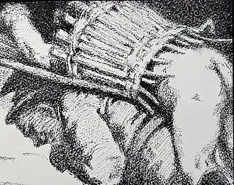 Un homme courbé porte sur son dos une espèce de hotte où est enfermé un personnage nu.