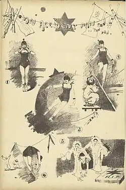 Planche en noir et blanc illustrant la chute d'une acrobate coupée en deux par son fil.