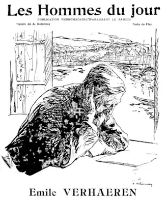 Portrait de Verhaeren dessiné par Aristide Delannoy, Les Hommes du jour, no&nbsp;82, 14 août 1909.