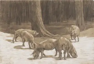 Étude de cochons (étude pour le Printemps), vers 1889, crayon et rehauts de craie blanche sur papier, 40 x 58 cm. Nemours, Château-Musée. (c)Phot. F. Lauginie.