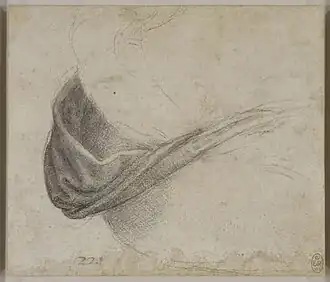 Dessin au crayon représentant un drapé posé sur la hanche d'une personne.