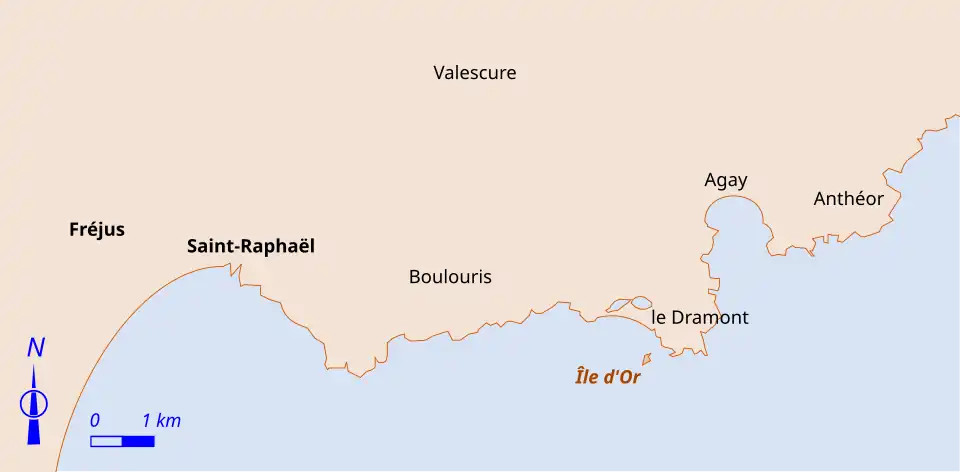 Schéma coloré d'une côte avec quelques chefs lieux.