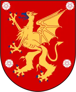 Blason de la province suédoise d'Östergötland, représentant un griffon jaune aux ailes de dragon et à la langue et aux doigts bleus, entouré de quatre fleurs blanches.