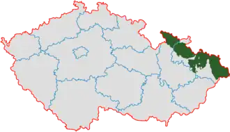 Localisation de la Silésie (en vert) en Tchéquie ; en rouge, les frontières actuelles de la république tchèque.