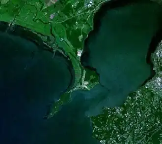Image satellite de la baie de l'Amour avec la péninsule De Vries en son centre.