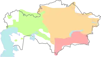 Carte du Kazakhstan montrant trois zones colorées.