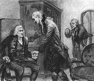 Mozart et Salieri écoutent le violoniste aveugle. M. Vroubel, illustration pour la tragédie d'Alexandre Pouchkine Mozart et Salieri, 1884. Crayon sur papier 22,5&nbsp;×&nbsp;33,9&nbsp;cm Musée russe