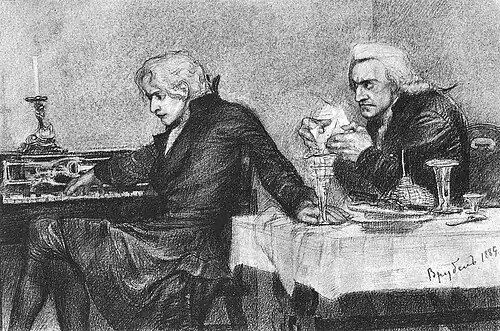 Mozart et Saliéri, la scène de l'empoisonnement de Mozart, 1884, Musée russe, Saint-Pétersbourg 25,7&nbsp;×&nbsp;33,9&nbsp;cm.