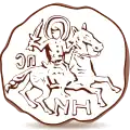 Croquis d'un sceau figurant un chevalier monté sur un cheval cabré et brandissant une épée, avec une auréole autour de la tête et des lettres cyrilliques autour du cheval.