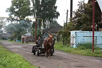 Attelage tiré par un cheval roux