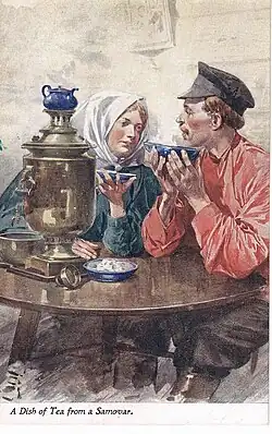 Un couple de classe moyenne partageant le thé ; au premier-plan, un samovar posé sur la table.