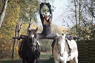Deux chevaux montés par une jeune femme qui fait le grand écart.