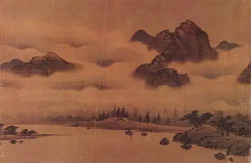 Seo Mun-bo. Paysage. Encre sur soie, fin XVe&nbsp;siècle. Yamatobunkakan, Nara, Japon.