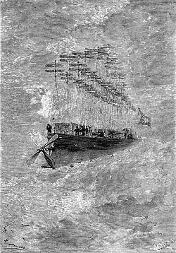 Gravure représentant un appareil volant en forme de navire avec mâts pourvus d’hélices