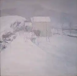 Maison isolée perdue dans la neige au sol et dans celle qui tombe du ciel : tableau de John Twatchman