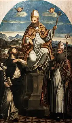 Saint Antoine abbé sur le trône entre saint Vincent Ferrier et saint Blaise