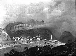 Montgenèvre au XIXe siècle, lithographie de Victor Cassien (1808 - 1893).