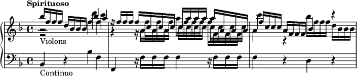 
\version "2.18.2"
\header { 
  tagline = ##f
}
upper = \relative c'' {
  \clef treble 
  \key f \major
  \time 4/4
  \tempo "Spirituoso"
  \tempo 4 = 98
  %\override TupletBracket.bracket-visibility = ##f

   %% Scarlatti — Dixit Dominus [IV] incipit
   << { bes'16_\markup{Violons} f f f d bes bes bes bes'4 a | r16 f16 f f f  c c c c a' a a a a, a a | f' c c c a f f f bes4 r4 } \\ { r2 d'4 c s4 s16 f,16 f f \repeat unfold 8 { c16 } | c'4 r4 bes16 f f f d bes bes bes } \\{ \stemDown a2\rest f'4 f g,4\rest g16\rest a16 a a a' f f f f f, f f | a4 } >>

}

lower = \relative c {
  \clef bass
  \key f \major
  \time 4/4

   bes4-\markup{Continuo} r4 bes'4 f | f, r16 f'16 f f f4 r16 f16 f f | f4 r4 d4 r4
}

\score {
  \new PianoStaff <<
    \new Staff = "upper" \upper
    \new Staff = "lower" \lower
  >>
  \layout {
    #(layout-set-staff-size 17)
    \context {
      \Score
       \override SpacingSpanner.common-shortest-duration = #(ly:make-moment 1/2)
    }
  }
  \midi { }
}
