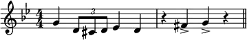 
\relative g' { \key g \minor
\numericTimeSignature\time 4/4
\set Score.tempoHideNote = ##t \tempo 4=180
g4 \times 2/3 {
d8 [ cis8 d8 ] }
ees4 d4 |
r4 fis4-> g4-> r4 
\bar "||" }

