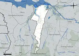 Carte en couleur présentant le réseau hydrographique de la commune