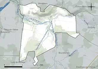 Carte en couleur présentant le réseau hydrographique de la commune