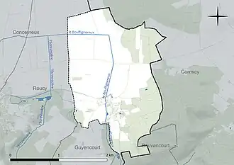 Carte en couleur présentant le réseau hydrographique de la commune