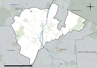 Carte en couleur présentant le réseau hydrographique de la commune