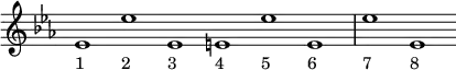 
\relative c' {
  \override Voice.TextScript #'staff-padding = #3
  
  \key ees \major
  \override Staff.TimeSignature #'stencil = ##f
  \time 6/1
  
  ees1_"1" ees'_"2" ees,_"3" e_"4" ees'_"5" e,_"6"
  ees'_"7" ees,_"8"
}
