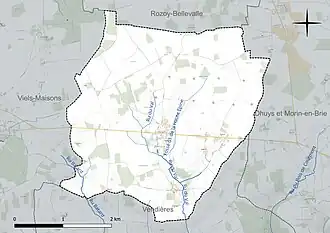 Carte en couleur présentant le réseau hydrographique de la commune