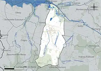 Carte en couleur présentant le réseau hydrographique de la commune