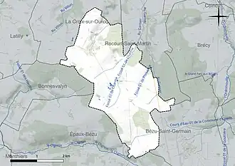 Carte en couleur présentant le réseau hydrographique de la commune