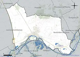 Carte en couleur présentant le réseau hydrographique de la commune