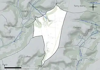 Carte en couleur présentant le réseau hydrographique de la commune