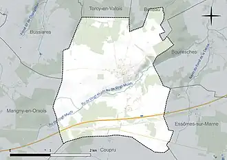 Carte en couleur présentant le réseau hydrographique de la commune