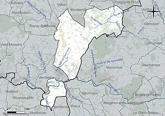 Carte en couleur présentant le réseau hydrographique de la commune