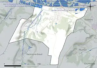 Carte en couleur présentant le réseau hydrographique de la commune