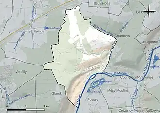 Carte en couleur présentant le réseau hydrographique de la commune