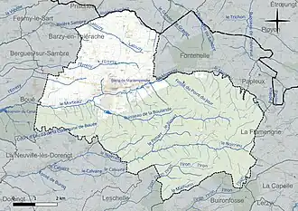 Carte en couleur présentant le réseau hydrographique de la commune