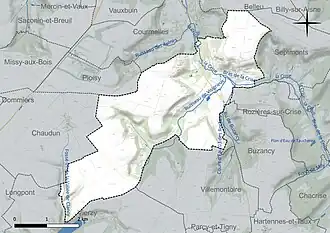 Carte en couleur présentant le réseau hydrographique de la commune