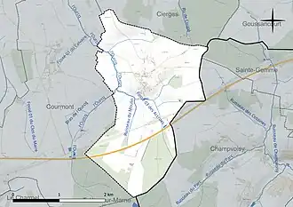 Carte en couleur présentant le réseau hydrographique de la commune