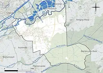Carte en couleur présentant le réseau hydrographique de la commune