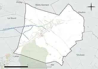 Carte en couleur présentant le réseau hydrographique de la commune