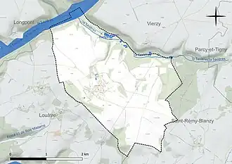 Carte en couleur présentant le réseau hydrographique de la commune