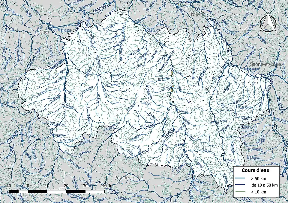 Carte de l'ensemble du réseau hydrographique de l'Allier.